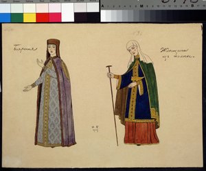 Kostuumontwerp voor de opera De Gouden Haan van Nikolai Rimski-Korsakov door Ivan Yakovlevich Bilibin