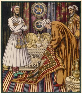 Prins Ali koopt een vliegend tapijt. Illustratie voor een Arabisch sprookje. Schilderij van Ivan Yakolevich Bilibin (1876-1942). Aquarel op papier. Sint-Petersburg, Staats Russisch Museum.