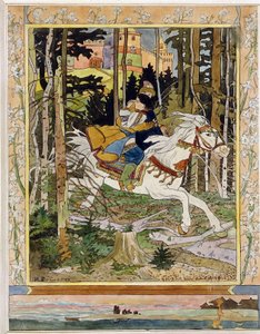 Prins Ivan. Held van Russische folklore, rijdend op een wit paard in het bos, vluchtend uit een kasteel en Vassilissa de Aller Mooiste in zijn armen houdend