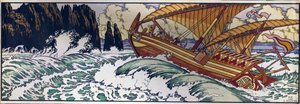 Sinbad de zeeman. Illustratie voor het traditionele Arabische verhaal uit Duizend-en-een-nacht door Ivan Yakovlevich Bilibin