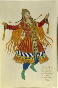 Een Polovtsiaanse (of Koeman, Kouman) sjamaandanseres. Kostuum voor de opera "Prins Igor" van Alexander Borodin (1833-1887). Werk van Ivan Yakovlevich Bilibin (1876-1942), aquarel op papier door Ivan Yakovlevich Bilibin