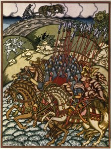 Volga Sviatoslavich (Vseslav van Polotsk (ca. 1039-1101), grootvorst van Kiev van 1068 tot 1069) en Mikula Selyaninovich (?). Werk van Ivan Yakovlevich Bilibin (1876-1942), lithografie