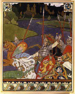 Volga Svyatoslavich en zijn leger. Illustratie voor de mythische heldendichten geïnspireerd door de folklore van Noord-Rusland. Werk van Ivan Yakovlevich Bilibin (1876-1942), lithografie door Ivan Yakovlevich Bilibin