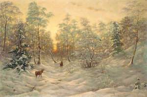 Herten in een besneeuwd landschap bij schemering