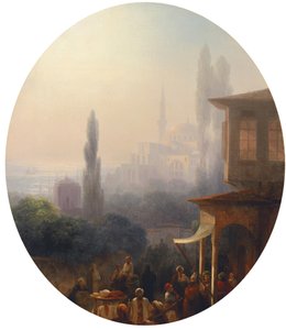 Een marktscène in Constantinopel, met de Hagia Sophia op de achtergrond, 1860