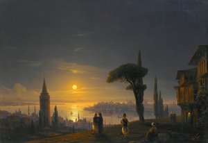 De Galata-toren bij maanlicht