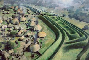 Luchtfoto van de ingang van Old Oswestry Hill Fort tijdens de IJzertijd, ca. 1970-2010
