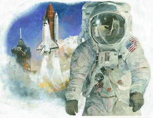 De Amerikaanse astronaut Buzz Aldrin in zijn ruimtepak en de lancering van Space Shuttle Discovery vanaf het Kennedy Space Centre door Ivan Lapper