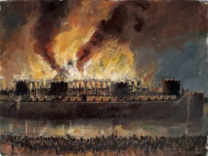 Gereconstrueerd aanzicht van de Tower of London met het Grand Storehouse in brand in 1841 door Ivan Lapper