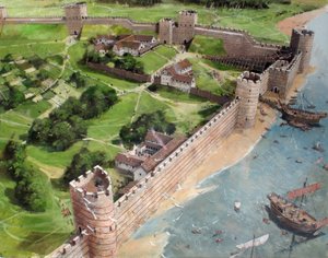 Gereconstrueerd aanzicht van de zuidoostelijke hoek van Romeins Londen en de toekomstige locatie van de Tower of London, zoals het eruit zou hebben gezien rond 400 na Christus door Ivan Lapper