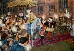 Robert Dudley verwelkomt koningin Elizabeth I in Kenilworth Castle, Warwickshire, juli 1575