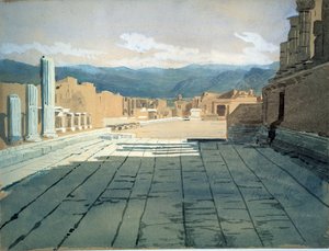 Pompeii. Zicht op het forum van de Romeinse ruïnes in de baai van Napels, voor de Vesuvius. Werk van Ivan Nikolayevich Kramskoi (1837-1887), aquarel op papier