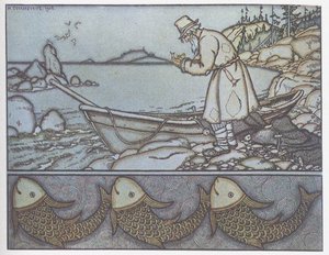 Illustratie bij Het Verhaal van de Visser en de Vis door Ivan Yakovlevich Bilibin