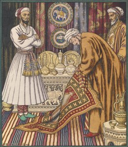 Prins Ali koopt een tapijt. Illustratie voor Arabische sprookjes door Ivan Yakovlevich Bilibin