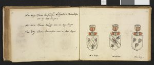 Illustratie uit een privéarchief in de Nationale Bibliotheek met de titel Insignia quædam virorum illustrium in Norvegia quodam habitantium van Iver Nielssøn Hirtzholm door Iver Hirtzholm