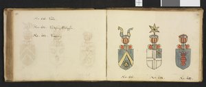 Illustratie uit een privéarchief in de Nationale Bibliotheek met de titel Insignia quædam virorum illustrium in Norvegia quodam habitantium van Iver Nielssøn Hirtzholm door Iver Hirtzholm