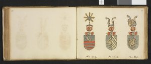 Illustratie uit een privéarchief in de Nationale Bibliotheek met de titel Insignia quædam virorum illustrium in Norvegia quodam habitantium van Iver Nielssøn Hirtzholm door Iver Hirtzholm