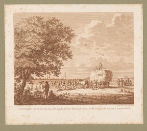 Landschap met hooiende boeren met Amsterdam aan de horizon