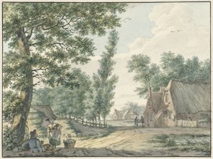 Landschap met twee personen onder een boom