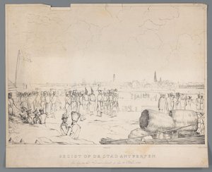 Gezicht op de stad Antwerpen den dag na het Bombardement, op den 28 October 1830 door Izaak Schouman