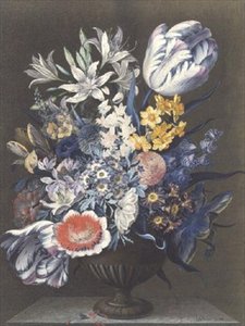 Urn met Bloemen op een Marmeren Tafel