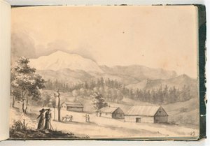 Berglandschap met mensen en huizen