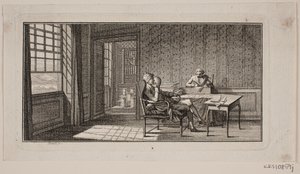 Het interieur van een kamer, waar Bonnet dicteert aan zijn secretaris