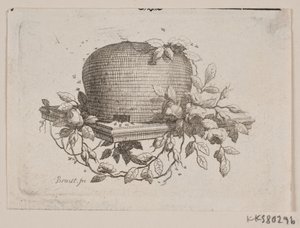 Een plaat met een bijenkorf, omwonden met rozenblad door J.F. Clemens