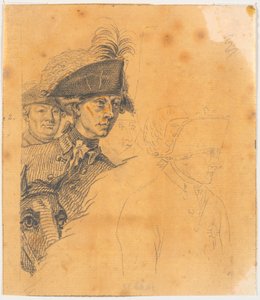 Voorbereiding voor de gravure: Frederik de Grote rijdt naar huis na een revue in Potsdam