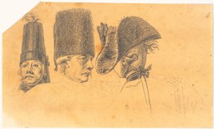Voorbereiding voor drie van de hoofden voor de gravure: Frederik de Grote rijdt naar huis na een revue in Potsdam