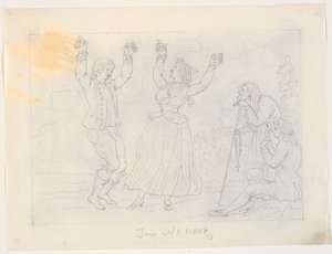 Man en vrouw dansen fandango. Een jonge man speelt gitaar en een oude vrouw kijkt toe door J.F. Clemens