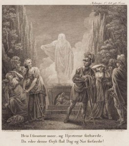 Melampe. Als jullie blijven volharden en de harten verharden, zal deze geest jullie dag en nacht verschrikken? Gravure naar Llorentzens Holberg Galerij. door J.F. Clemens