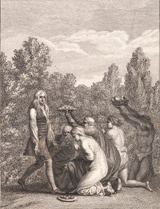 Niels Klim wordt geëerd door de Qvamiten, die hem geschenken brengen en voor hem knielen door J.F. Clemens