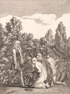 Niels Klim wordt geëerd door de Qvamiten, die hem geschenken brengen en voor hem knielen door J.F. Clemens