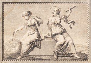 Urania en Gaea zitten op een vierkante steenblok door J.F. Clemens