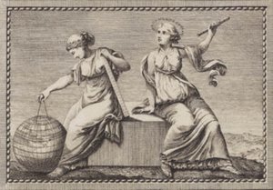 Urania en Gaea zitten op een vierkante steenblok door J.F. Clemens