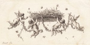 Vignet met slingerende bladeren en linten door J.F. Clemens