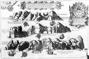 Het eiland Sint-Helena, illustratie uit Linschotens Itinerario, 1596