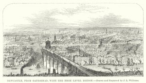Newcastle, vanaf Gateshead, met de High Level Bridge (gravure) door J.L. (after) Williams