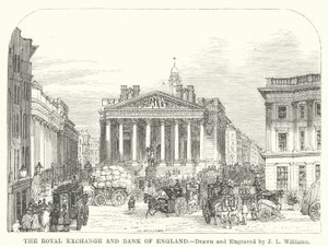 De Royal Exchange en Bank of England (gravure) door J.L. (after) Williams