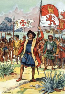 1492: Christoffel Columbus arriveert in Amerika met Spaanse vlag