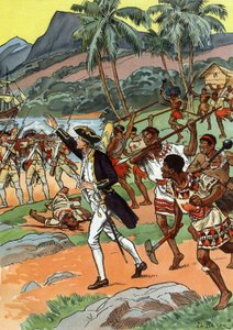 Dood van James Cook gedood door de lokale bevolking in Hawaï door J.L Beuzon (fl.1880 1940)