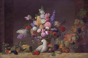 Een mand met bloemen, een kaketoe en een fruitrank