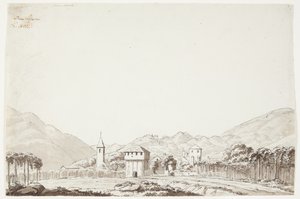 Landschap van Domodossola in Zwitserland met kerk en wachttoren door J.L. Lund