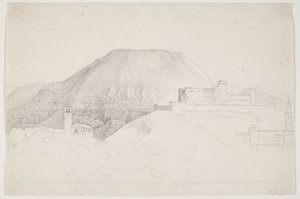 Landschapsstudie met Berg en Gebouwen. Spoleto, Italië door J.L. Lund