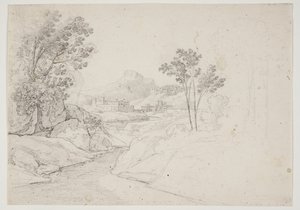 Landschapsstudie met gebouwen bij waterloop. Italië