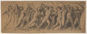 Ontwerp voor het gordijn van het Koninklijk Theater; putti die het gordijn opzij trekken door J.L. Lund