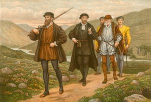 John Knox draagt het zwaard voor George Wishart, na de poging tot moord in Dundee