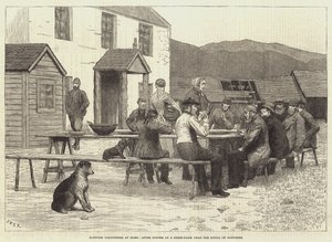 Schotse vrijwilligers thuis, na het diner op een schapenboerderij nabij de Spital van Glenshee