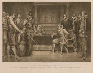 Het buskruitverraad; Guy Fawkes ondervraagd door koning James I en zijn raad in de slaapkamer van de koning, Whitehall
